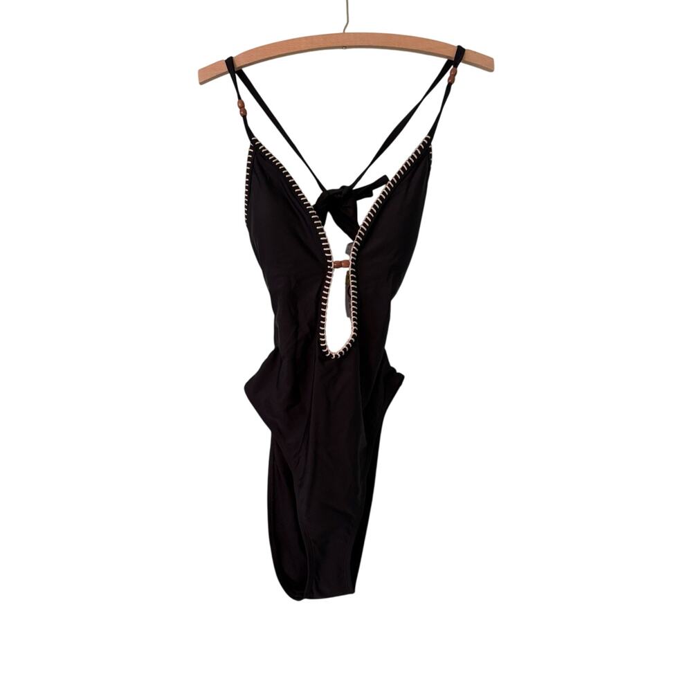 New Women’s Medium Shade & Shore Plunge Bead Detail High Leg 1 Piece Swimsuit